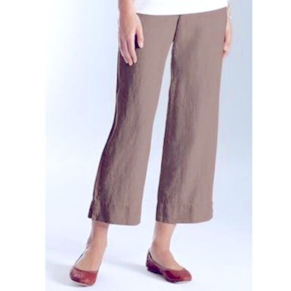 J. Jill Brown Grey 100% Linen Cropped Flat Front Wide Leg Pull On Pants Size L - Picture 1 of 6